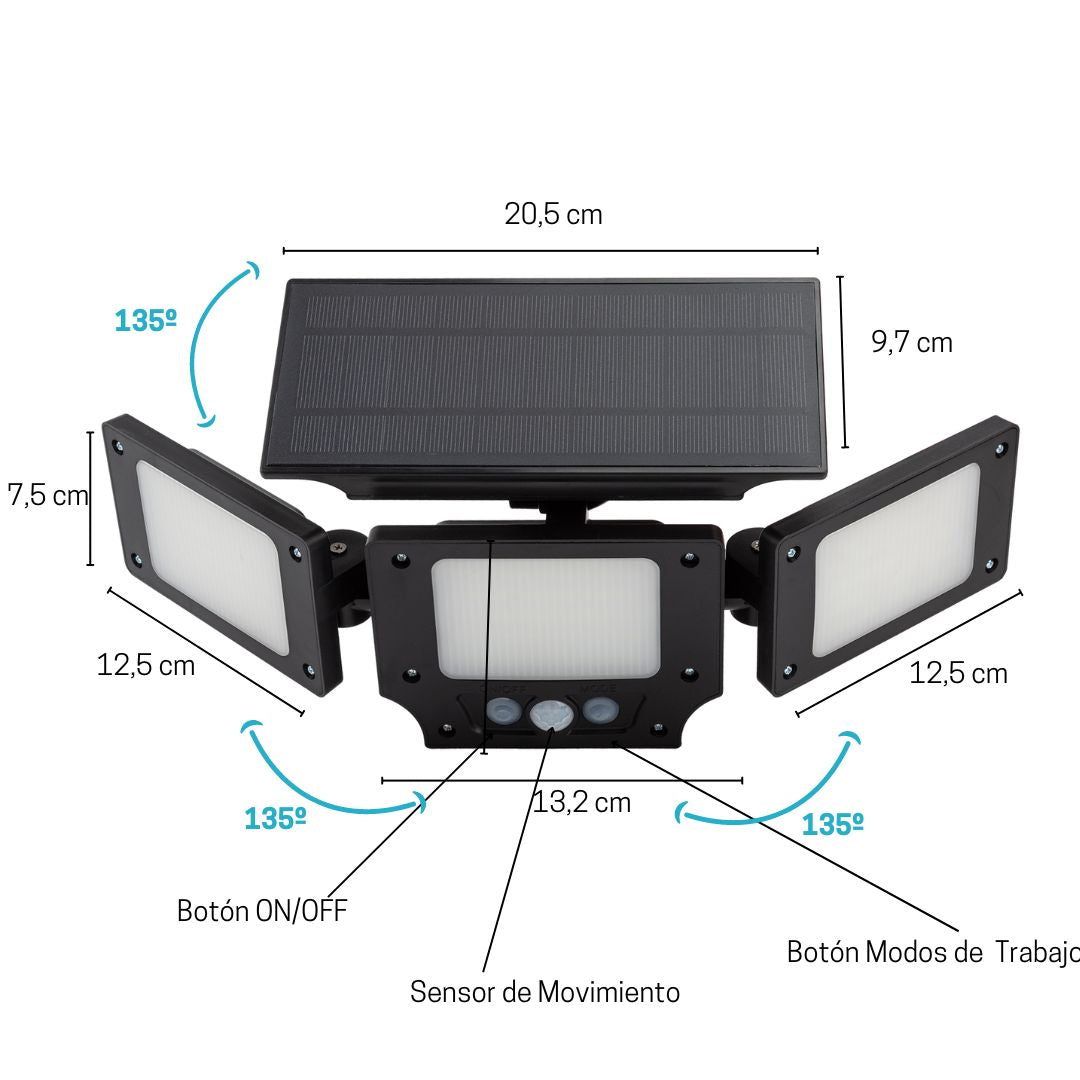 Foco Solar LED Triple 6500k 360lm Sensor de Movimiento y Crepuscular