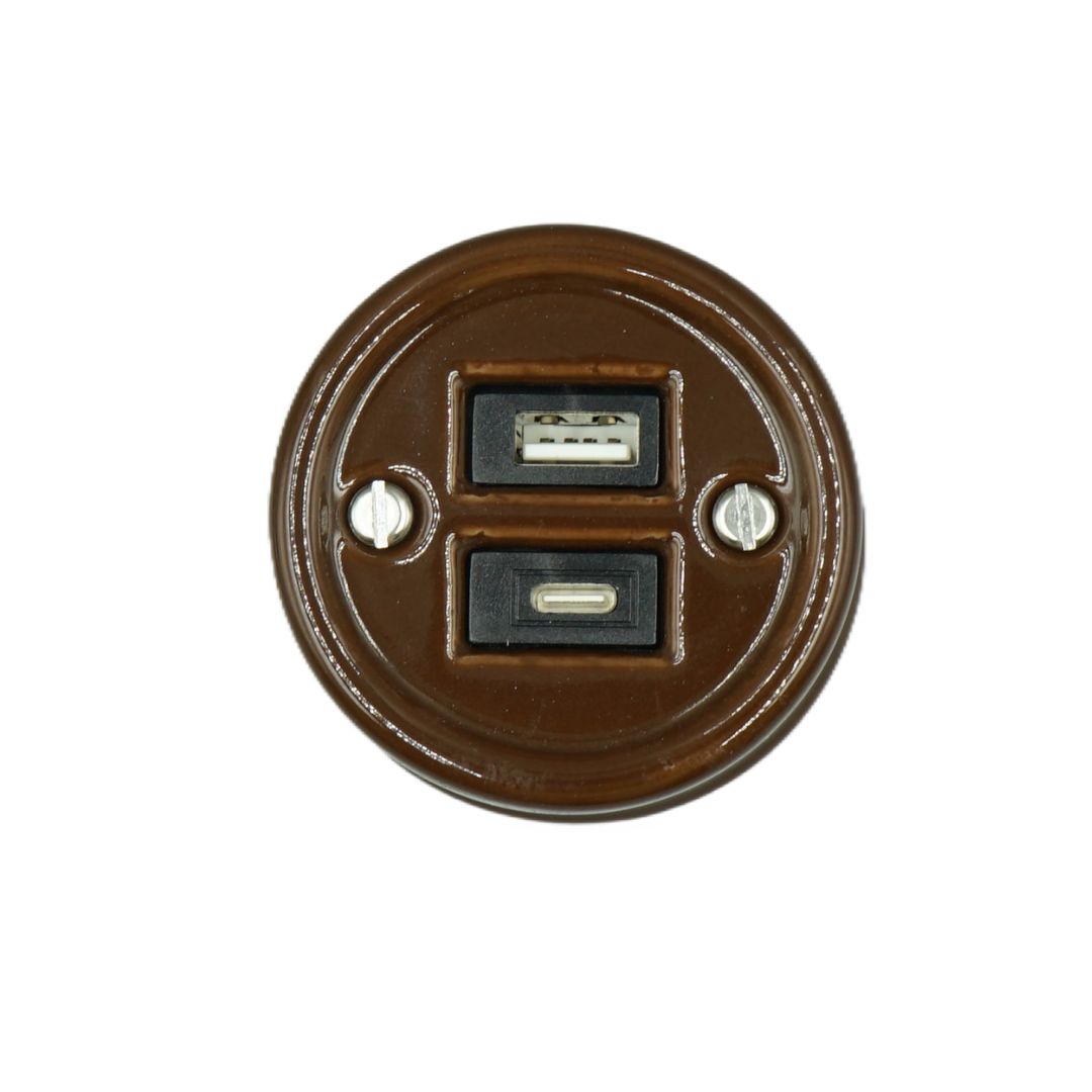 Toma USB Superficie Porcelana Marrón Tipo A + Tipo C 10 A