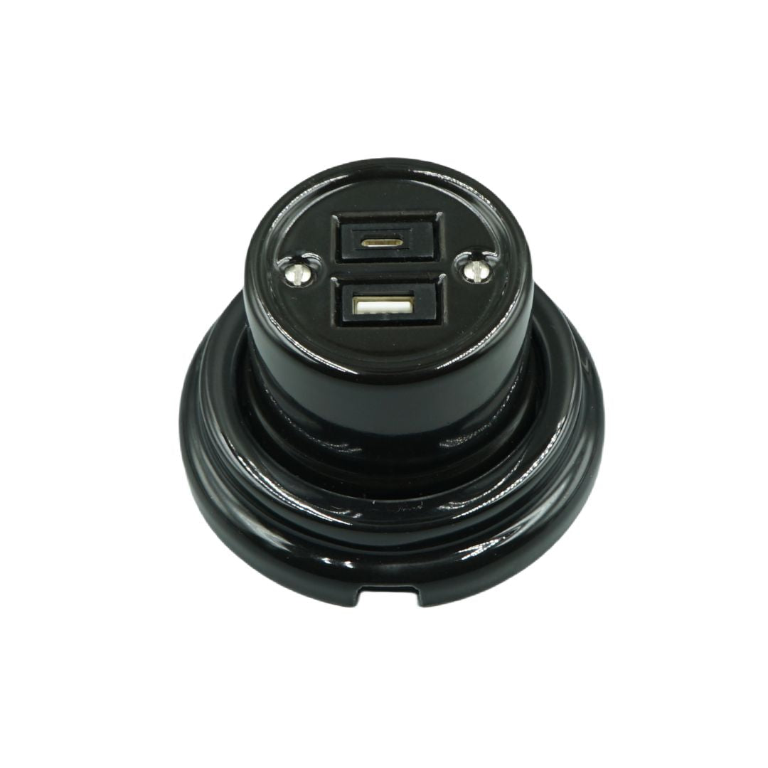 Toma USB Superficie Porcelana Negra Tipo A + Tipo C 10 A