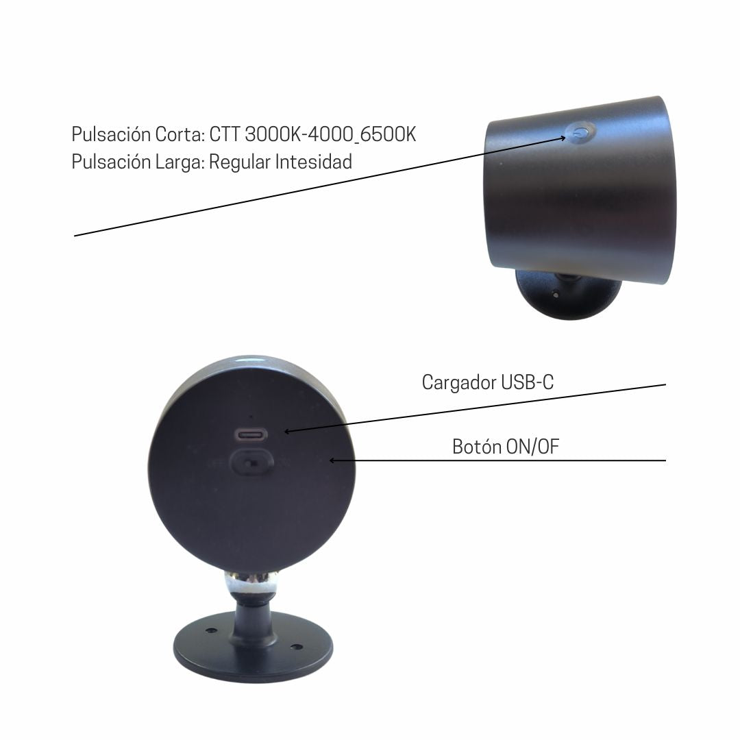 Aplique LED 2W Regulable en Tono e Intensidad con Memoria, Portátil, Recargable con USB-C