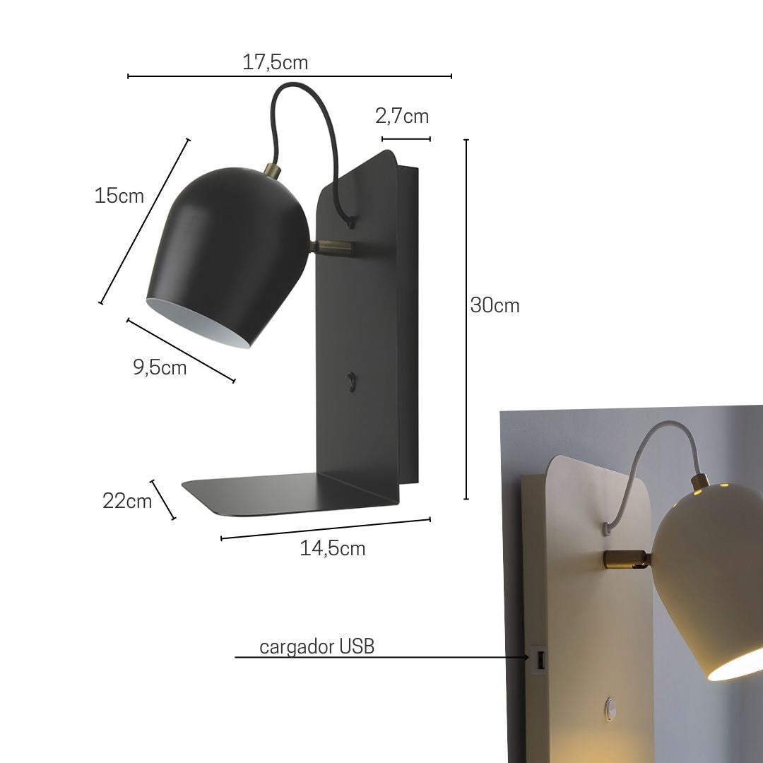 Aplique de pared con Interruptor, Estante y USB Gorbea, Lámpara de Metal Orientable