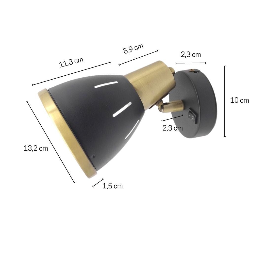 Aplique com interruptor, ajustável, metal preto e dourado