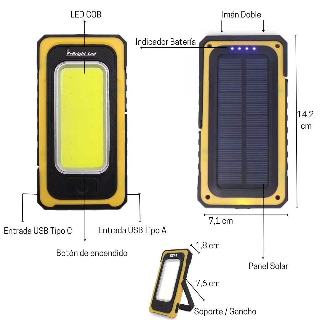 Lanterne solaire LED rechargeable par USB avec crochet et aimant 10 W + 5 W IP44