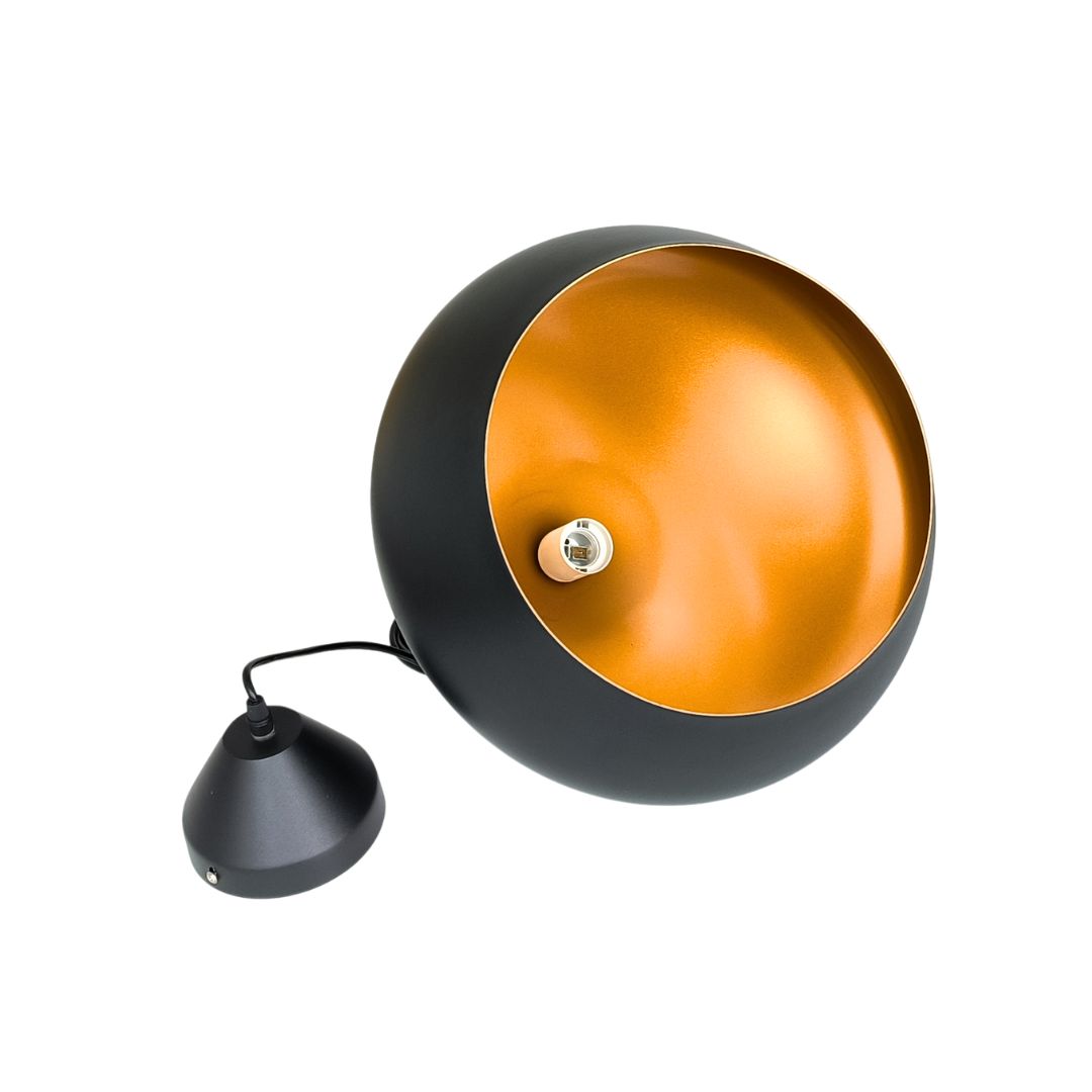 Lampe à Suspension Industrielle en Métal Noir avec Intérieur Vieil Or