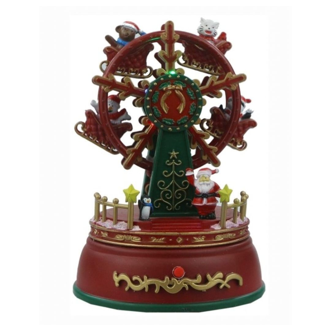 Roda gigante vermelha de Natal com luzes LED e música