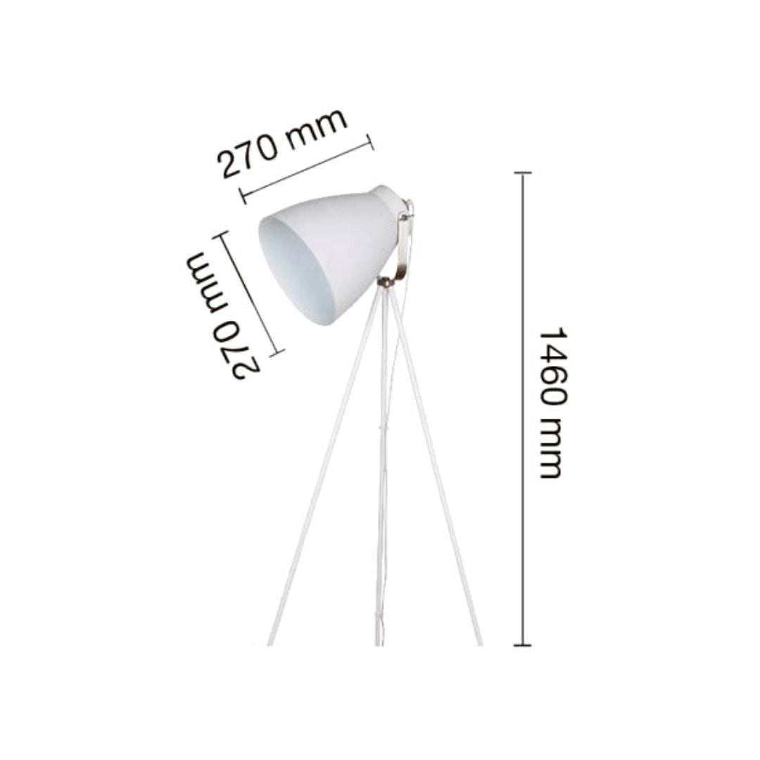 Candeeiro de pé vintage em metal – tripé branco e cúpula branca/prateada
