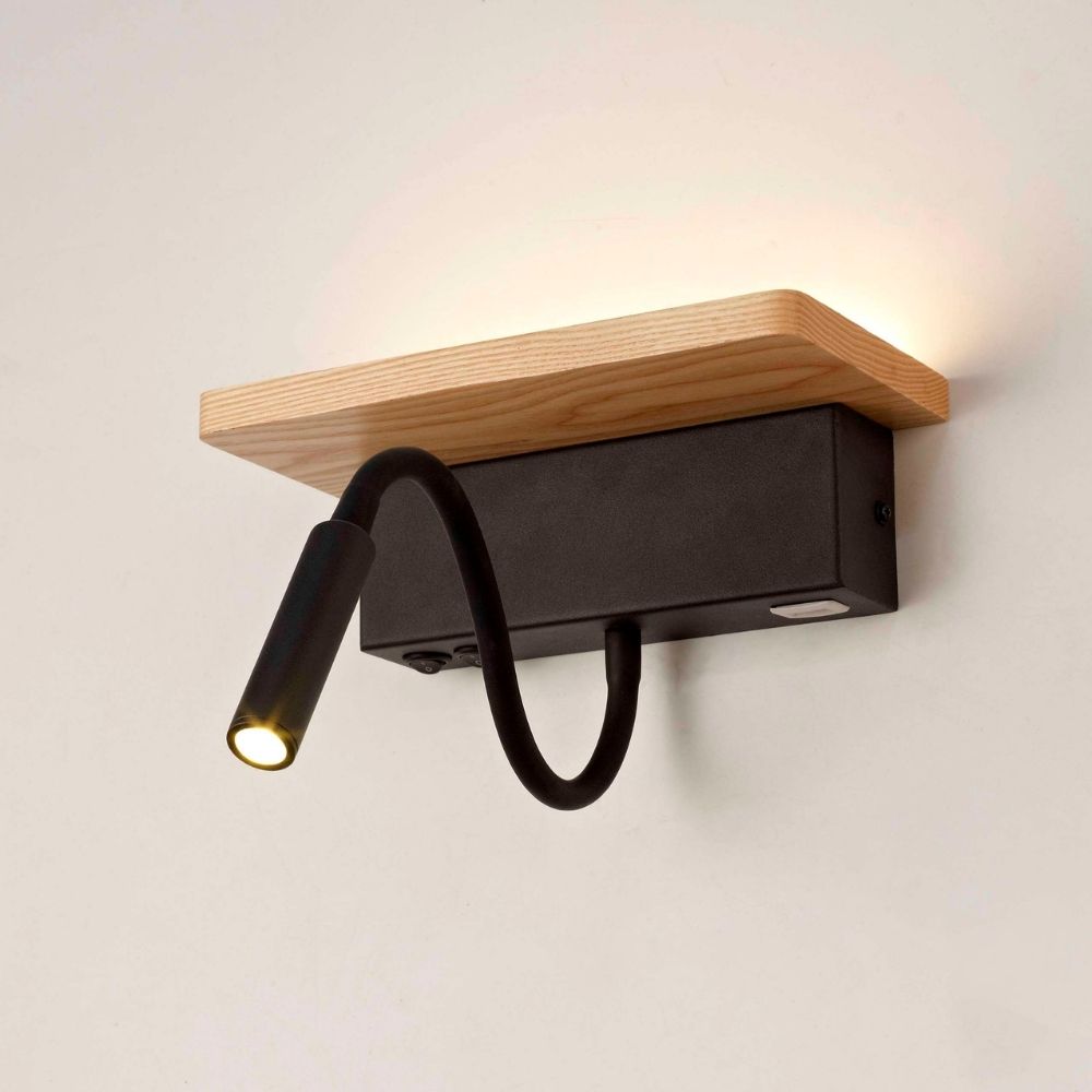 Aplique LED de madeira 3W 3000K com carregador USB e luz Flexo