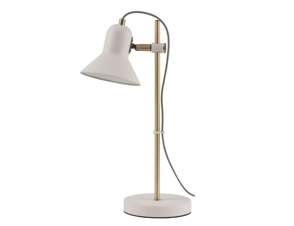 Candeeiro de mesa em metal com abajur ajustável branco e base dourada