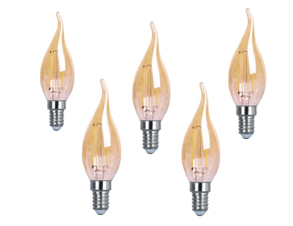 Pack 5 Bombilla Vela Led 4W 2200K Punta Torcida Cristal Dorado