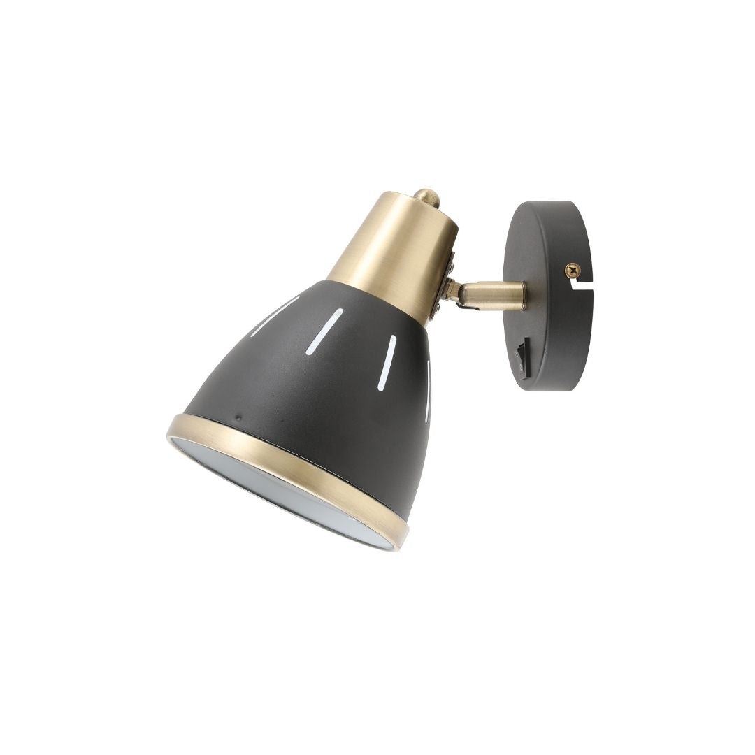 Aplique com interruptor, ajustável, metal preto e dourado
