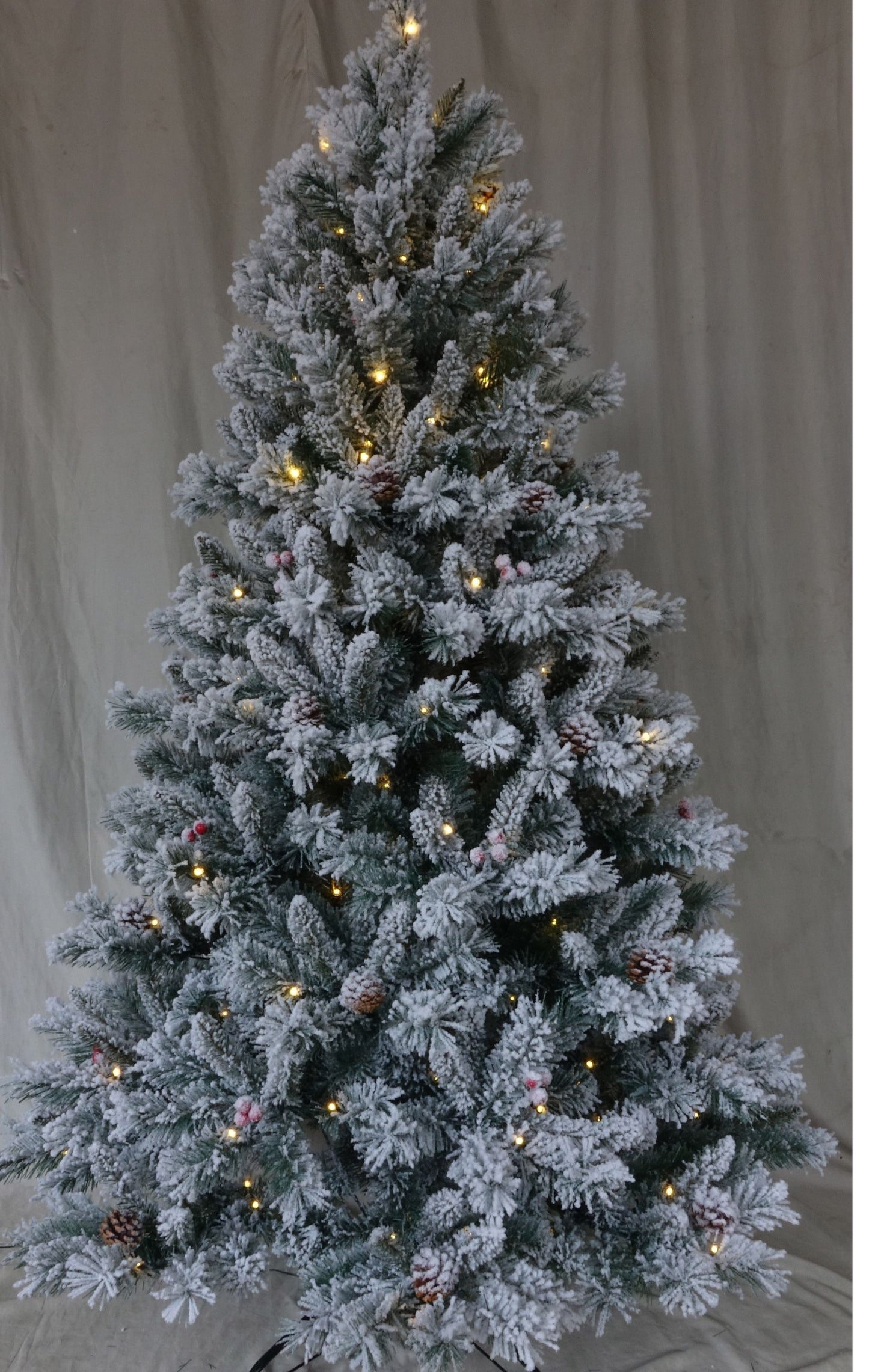 Árbol de Navidad Led Nevado con Piñas y Bolitas Rojas 180 cm