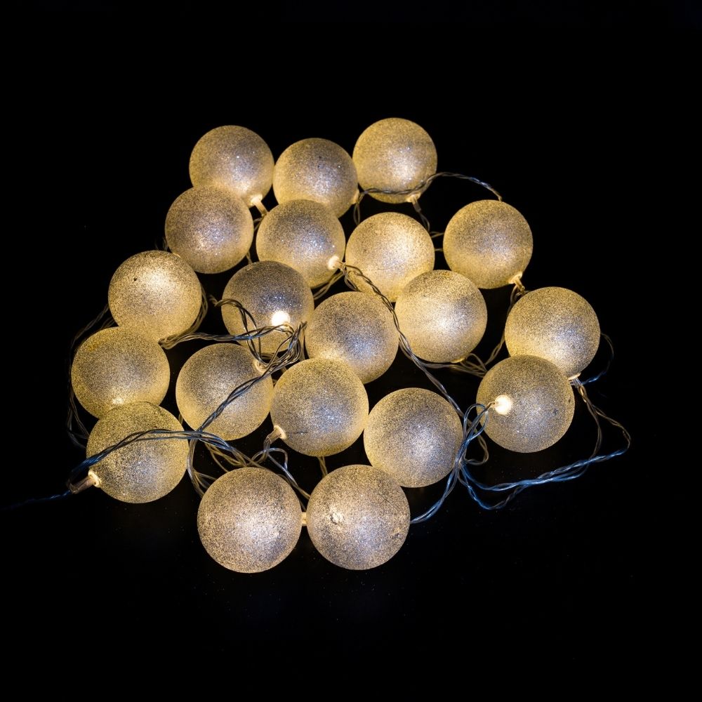 Guirnalda LED de 20 bolas plateadas brillantes con luz cálida, 8,6 m