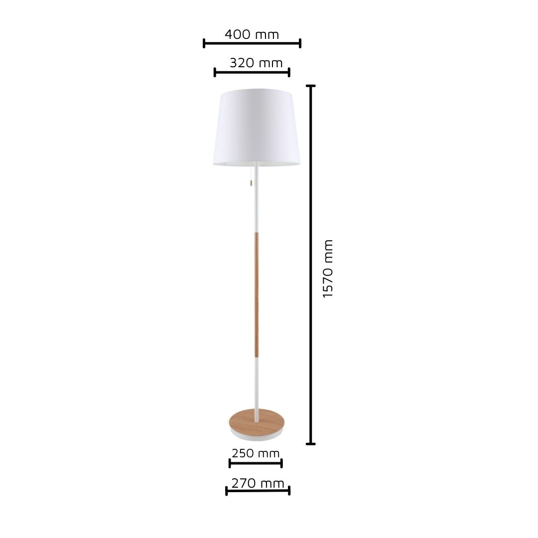 Candeeiro de pé em madeira, metal e tecido branco