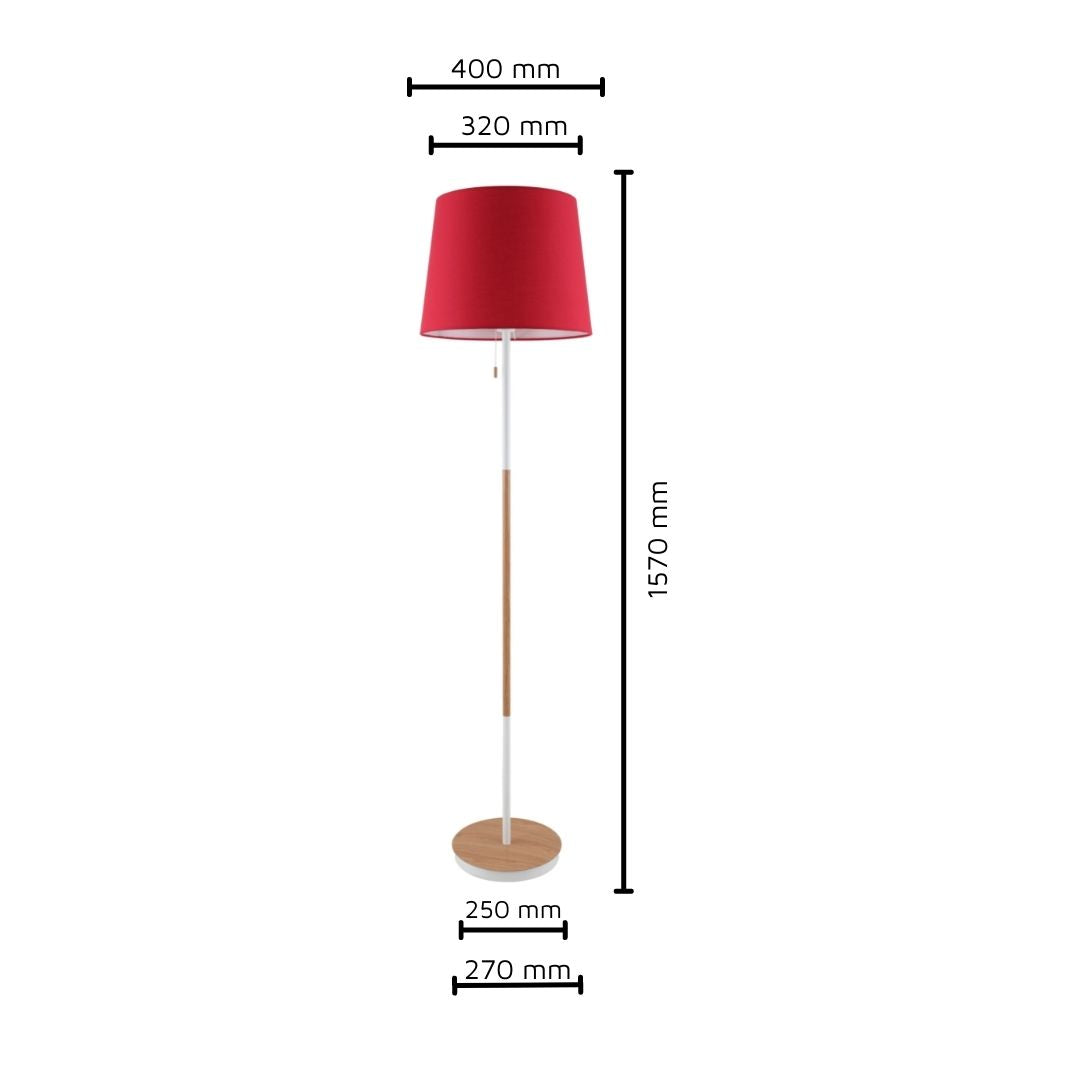 Candeeiro de pé em madeira, metal e tecido vermelho