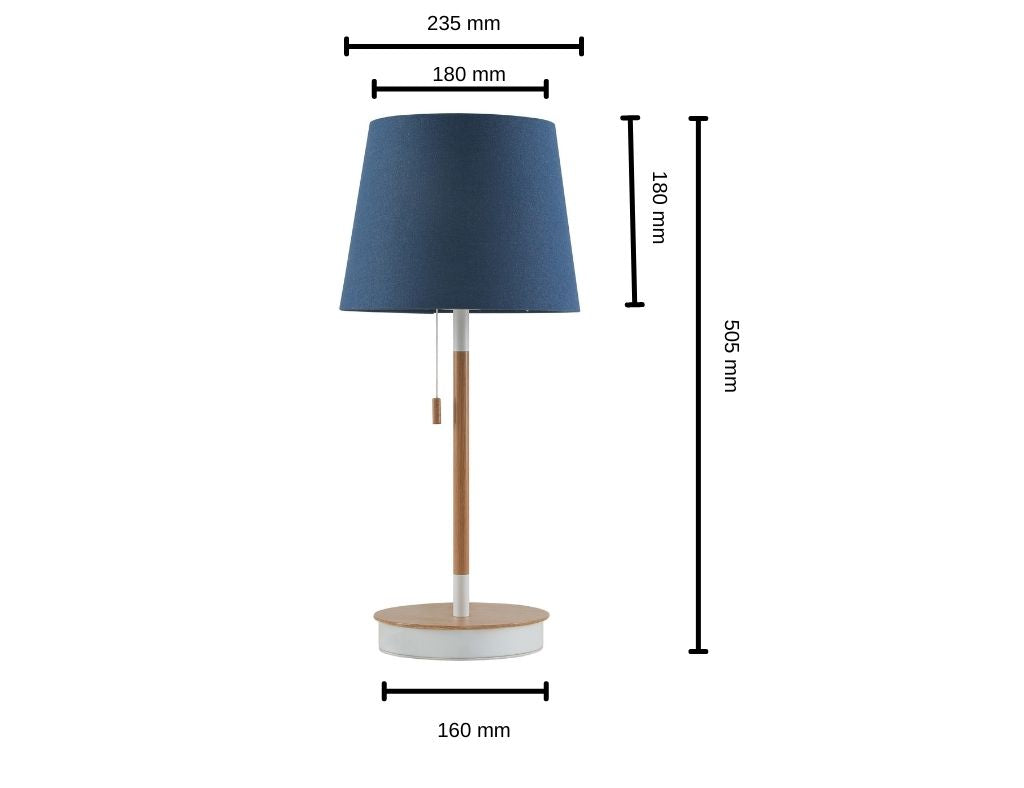 Lampe de table en tissu et bois bleu avec chargeur USB