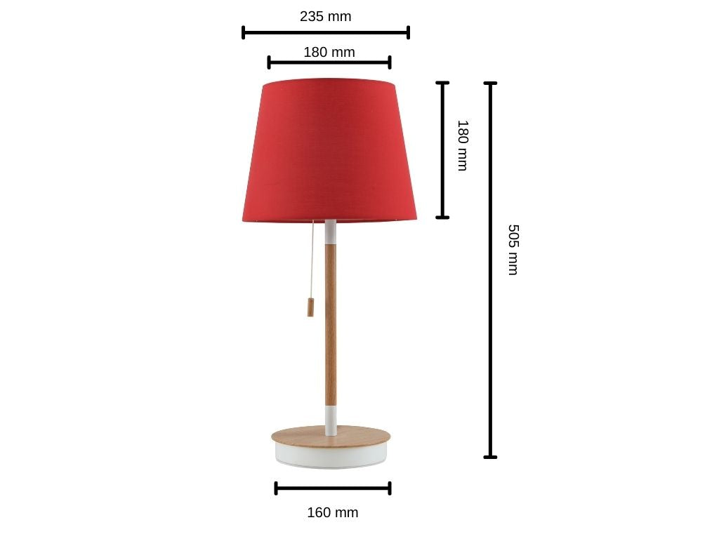 Lampe de table en tissu et bois rouge avec chargeur USB