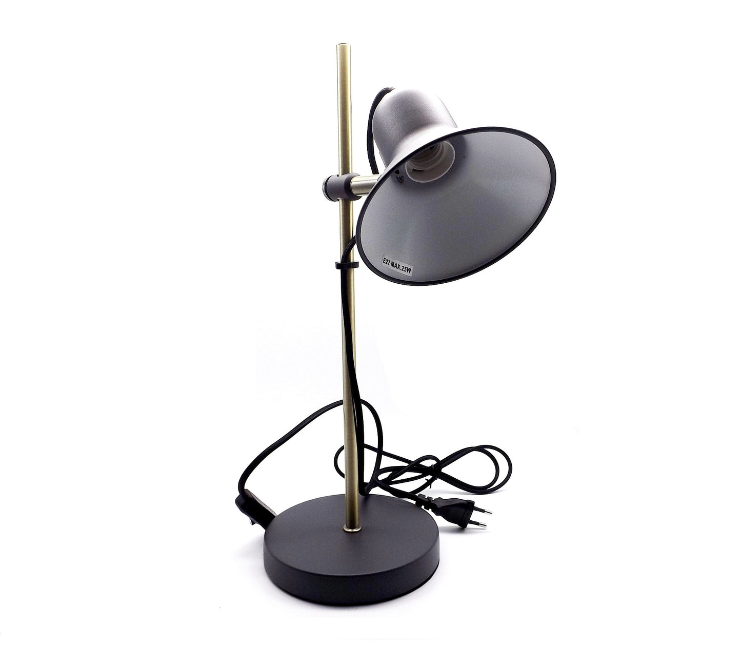 Lámpara de Mesa en Metal – Tulipa y Base Gris, Pie Dorado Ajustable y Cabezal Orientable