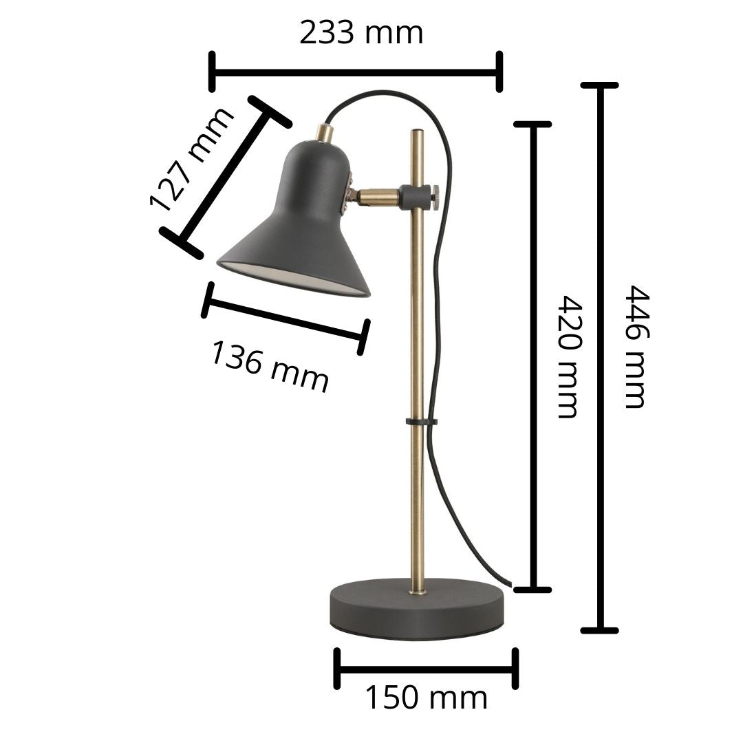 Candeeiro de mesa em metal cinza e dourado com cúpula ajustável