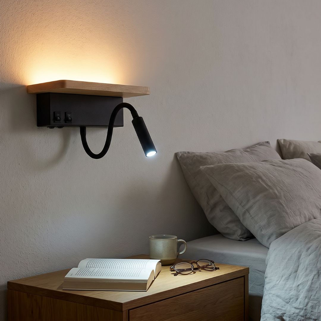 Aplique LED de Pared en Madera 3W 3000K con Cargador USB y Flexo de Luz 3