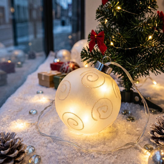 Bola de Natal LED de vidro branco com círculos prateados