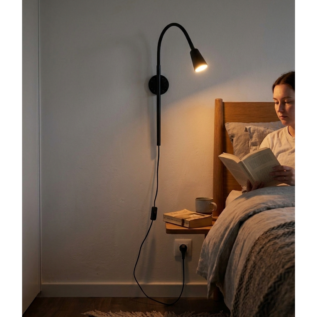 Aplique de pared KUETO orientable con brazo flexible y cable textil negro
