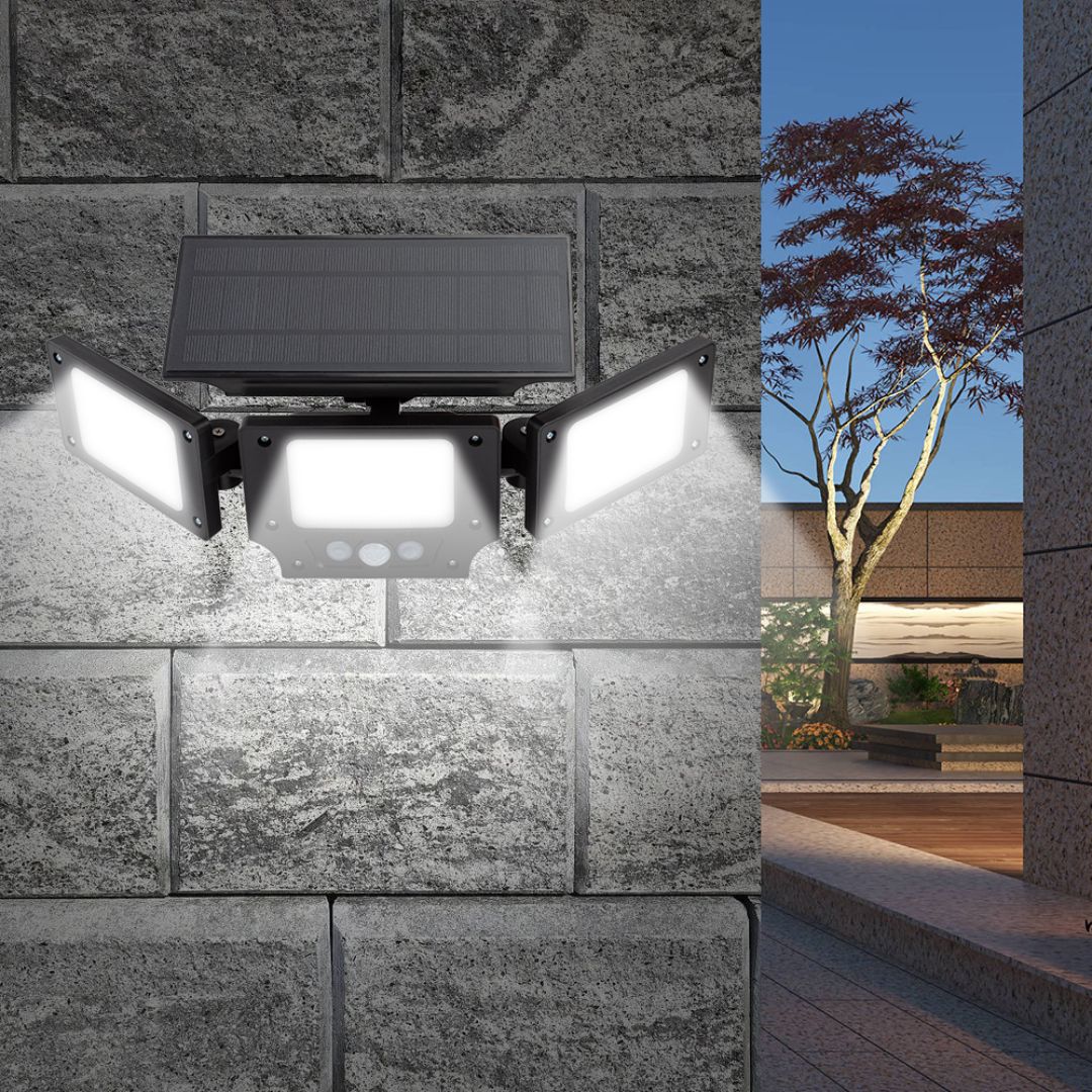 Foco Solar LED Triple 6500k 360lm Sensor de Movimiento y Crepuscular