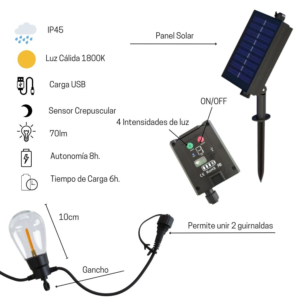 Guirnalda Solar Exterior LED - 5m de Cable con 10 Luces Cálidas 1800K