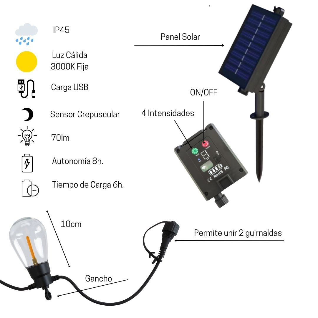 Guirnalda Solar Exterior LED - 5m de Cable con 10 Luces Cálidas 3000K