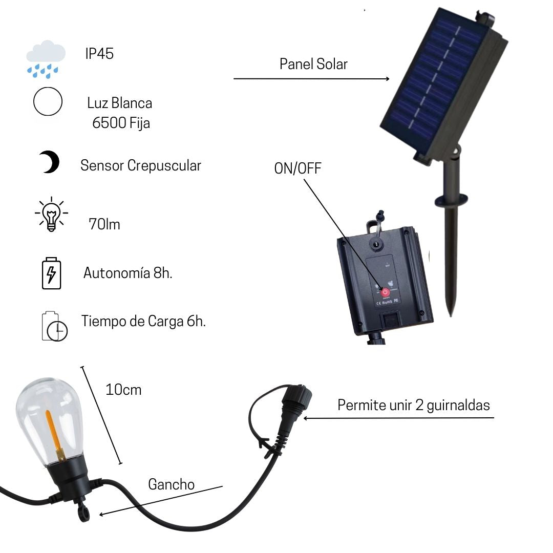 Guirnalda Solar Exterior LED - 5m de cable con 10 Luces Blancas 6500K Efecto lluvia