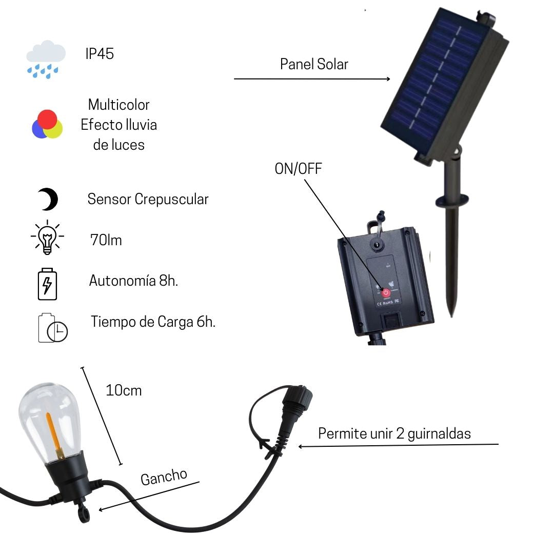 Guirnalda Solar Exterior LED - 5m de cable con 10 Luces Multicolor Lluvia de Meteoros