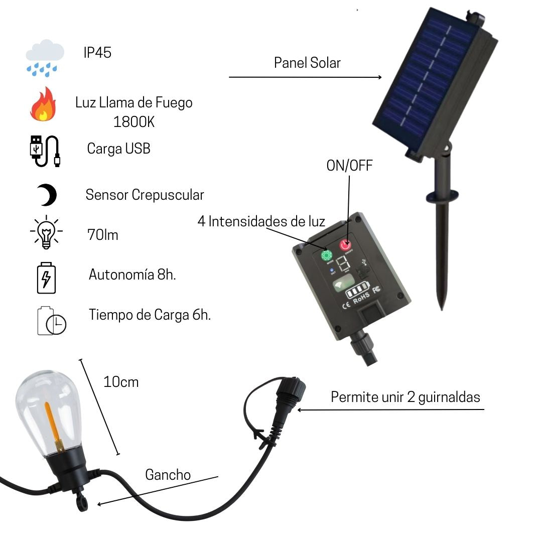Guirnalda Solar Exterior LED – 5m de Cable con 10 Luces Efecto Llama Fuego