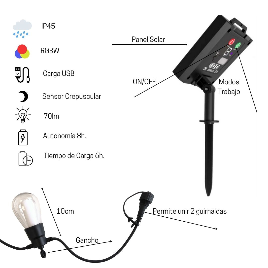 Guirnalda Solar Exterior LED + USB, 5 metros con 10 Luces RGBW y Mando a Distancia