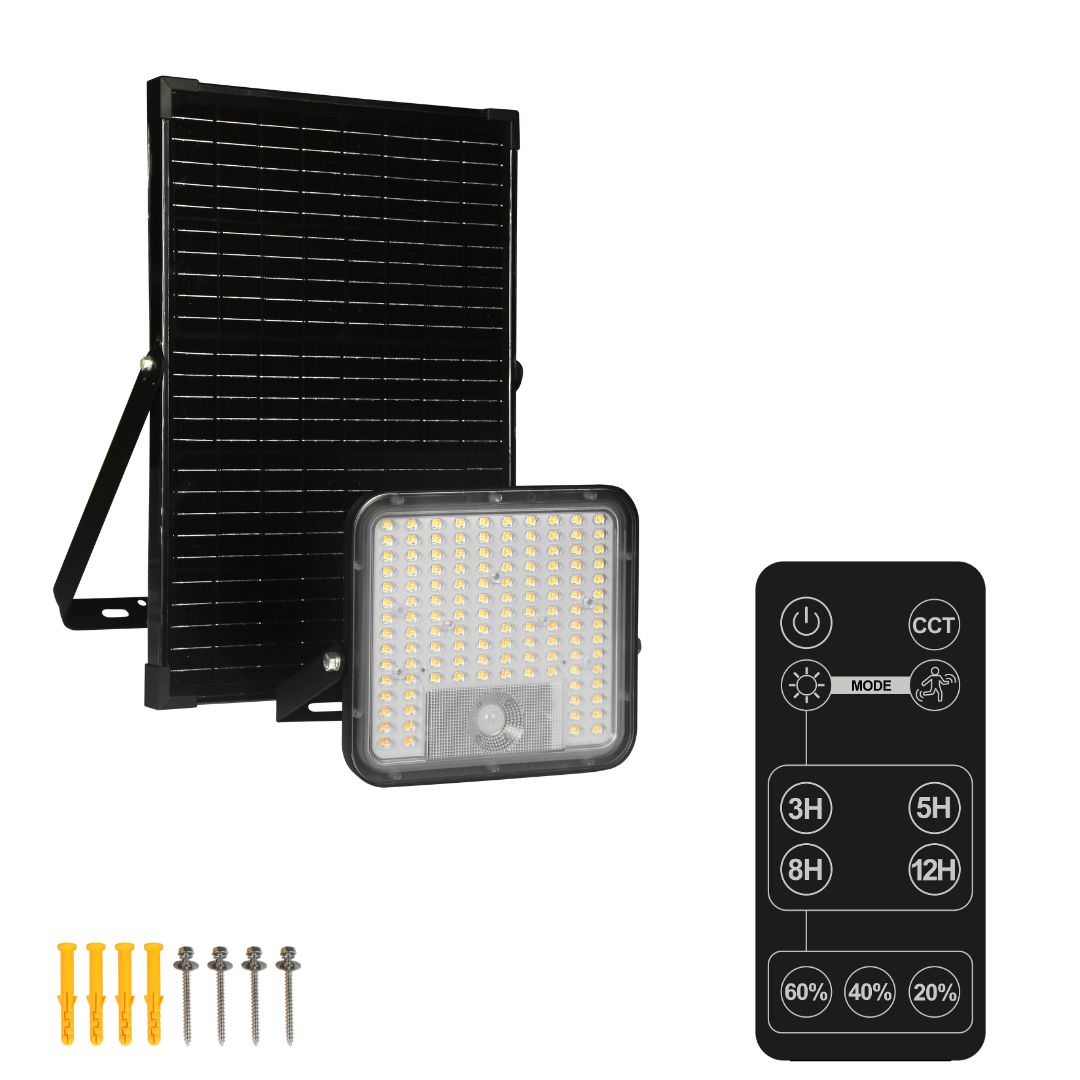 Proyector LED Solar 10W IP65 con Sensor, Panel Solar y CCT ajustable con Mando