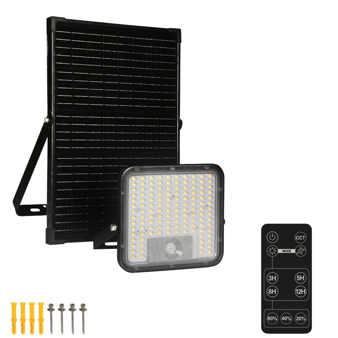 Proyector LED Solar 60W IP65 con Sensor, Panel Solar y CCT ajustable con Mando
