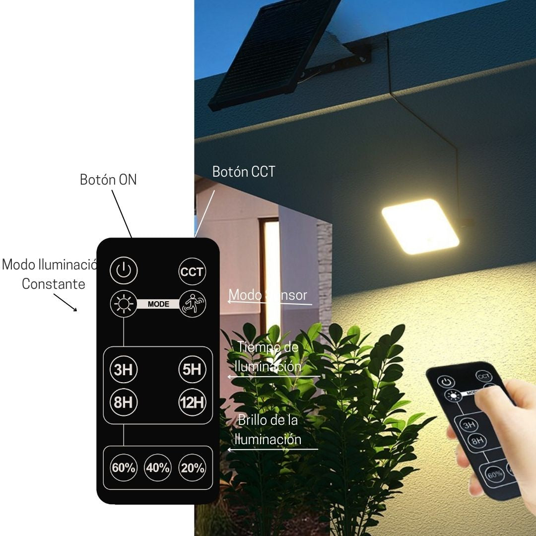 Proyector LED Solar 60W IP65 con Sensor, Panel Solar y CCT ajustable con Mando
