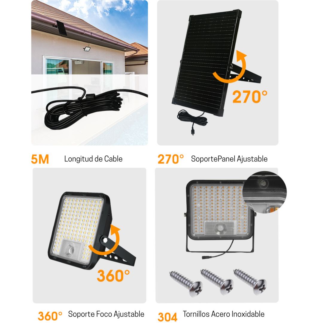 Proyector LED Solar 80W IP65 con Sensor, Panel Solar y CCT ajustable con Mando