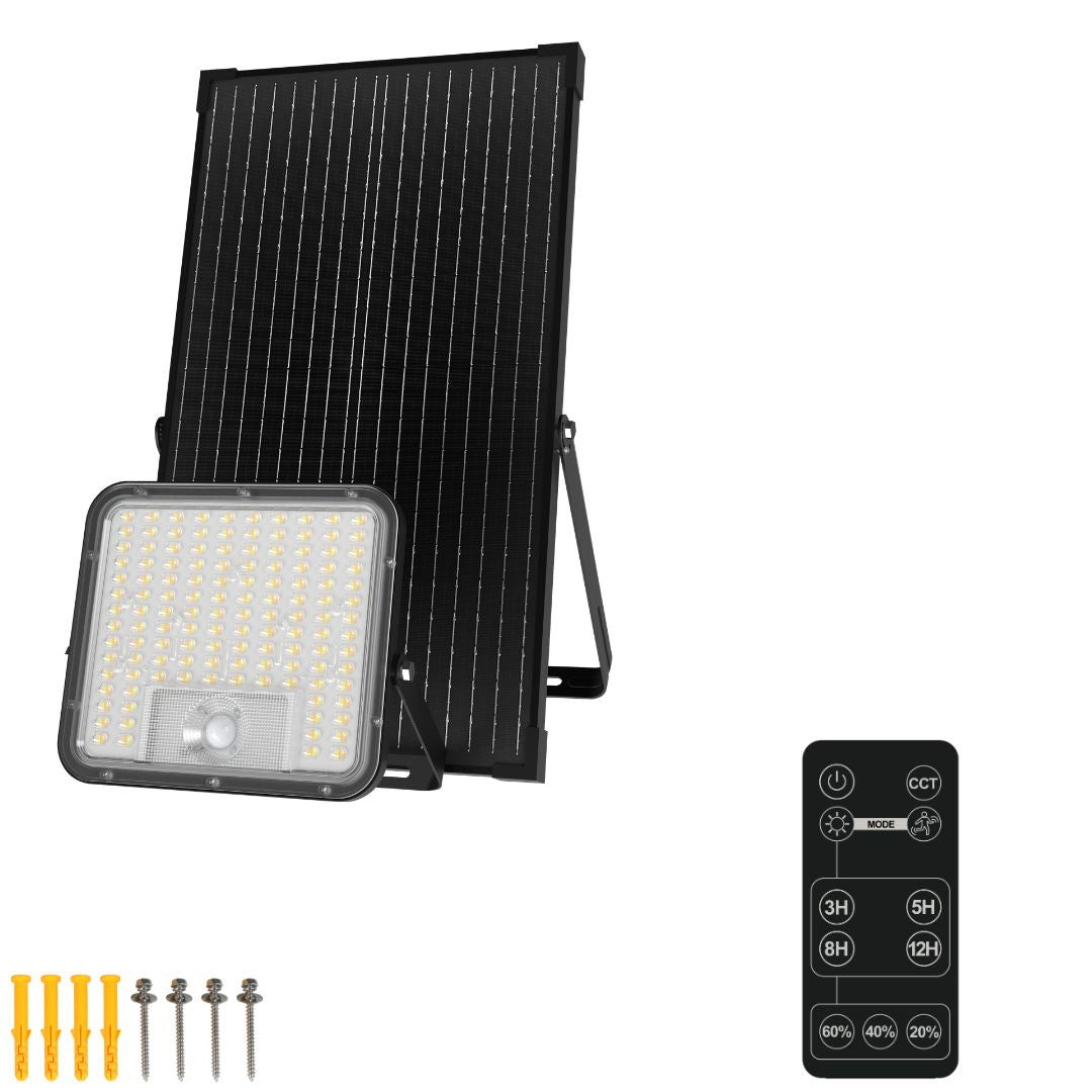 Proyector LED Solar 80W IP65 con Sensor, Panel Solar y CCT ajustable con Mando