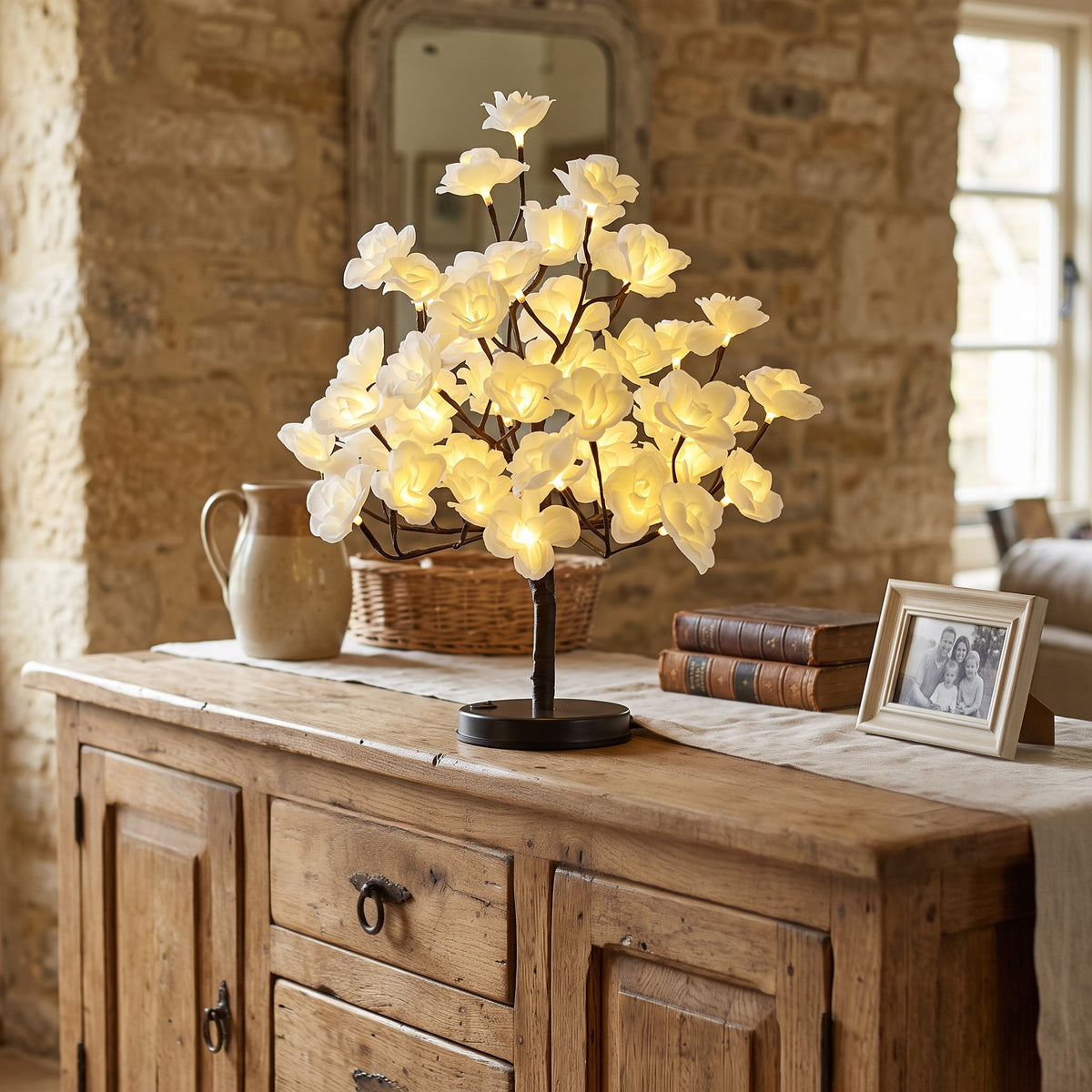 Rosal Blanco LED 45 cm con 48 Luces Cálidas a Pilas