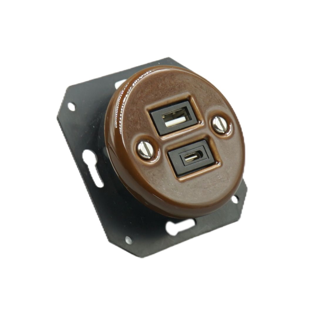 Toma USB Empotrar Porcelana Marrón Tipo A + Tipo C 2.4A 12W