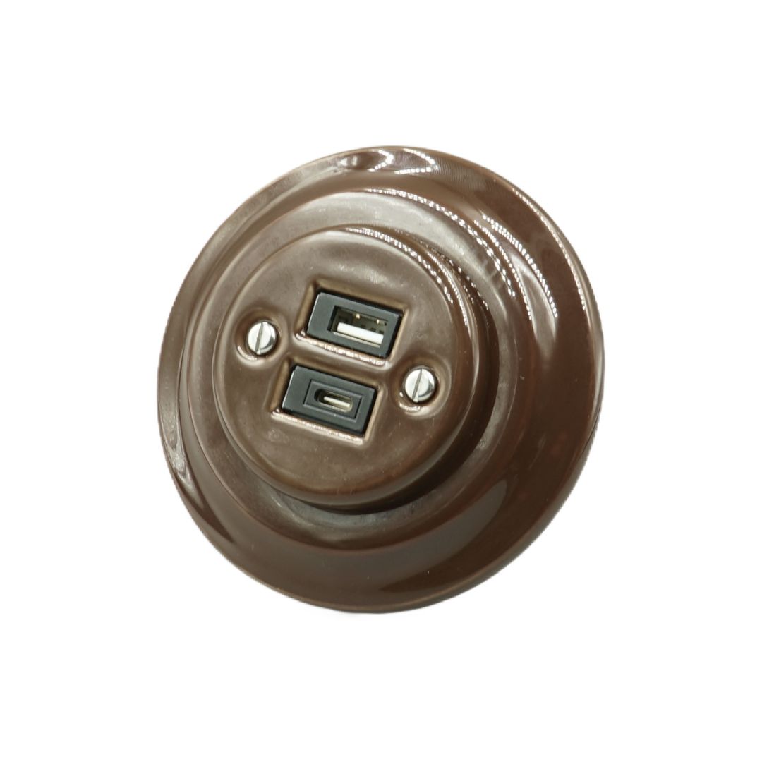 Toma USB Empotrar Porcelana Marrón Tipo A + Tipo C 2.4A 12W