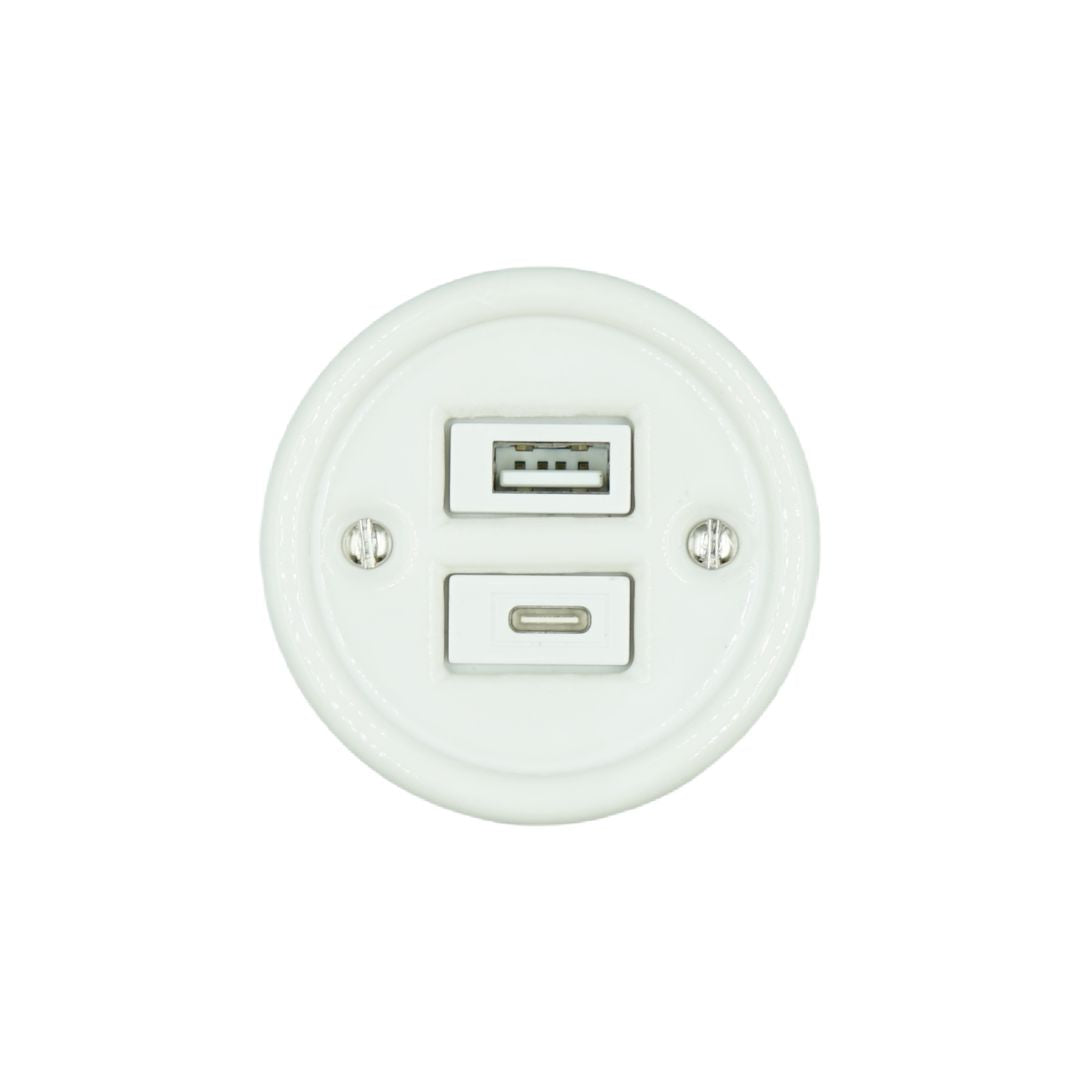 Toma USB Superficie Porcelana Blanca Tipo A + Tipo C 10A