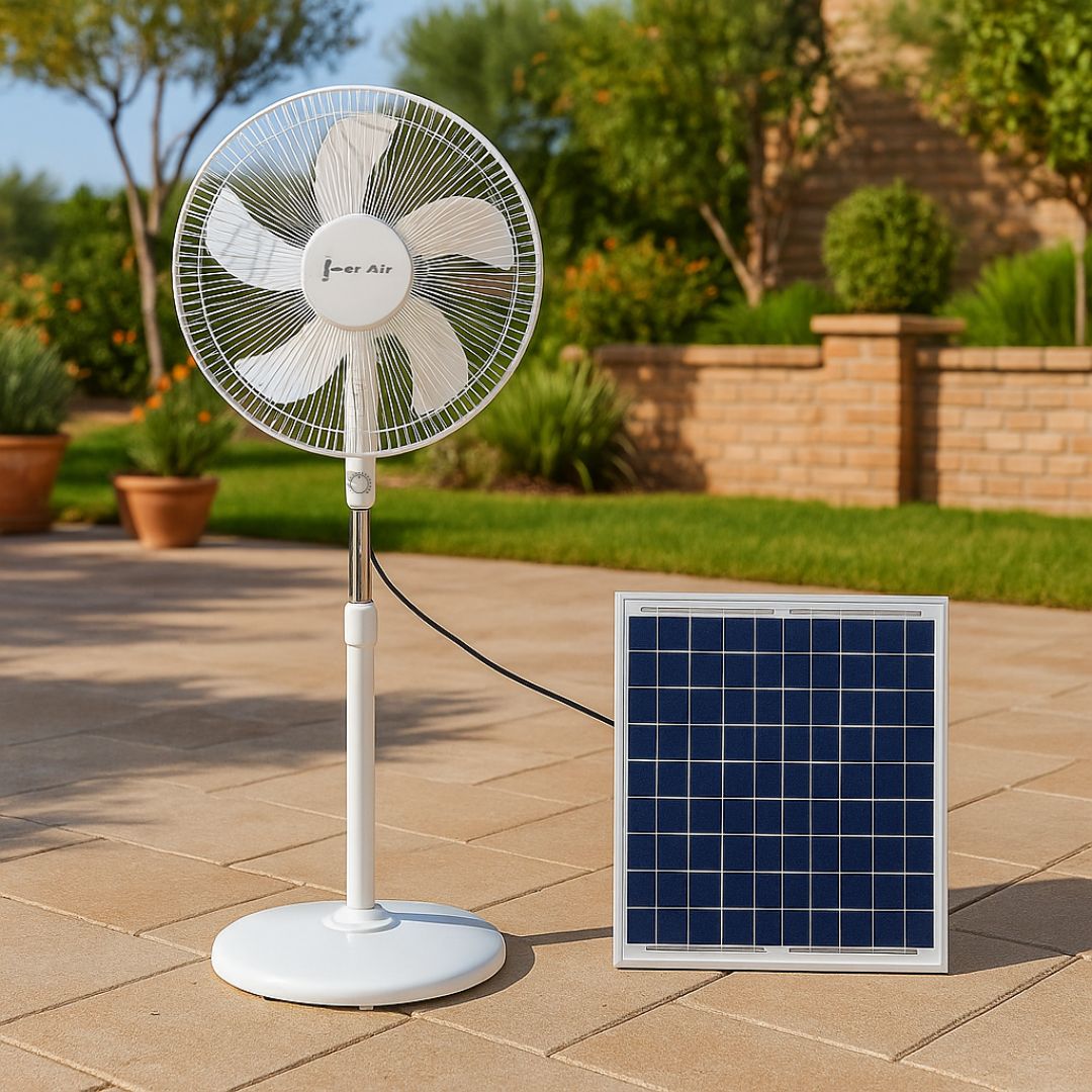 Ventilador de Pie Solar Motor AC 15W con Cargador Eléctrico 2A, 3 Velocidades y Oscilante