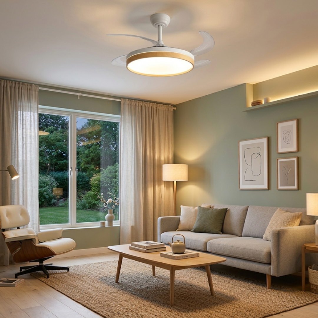 Ventilador de Techo LED Color Madera con Aspas Plegables y Mando a Distancia