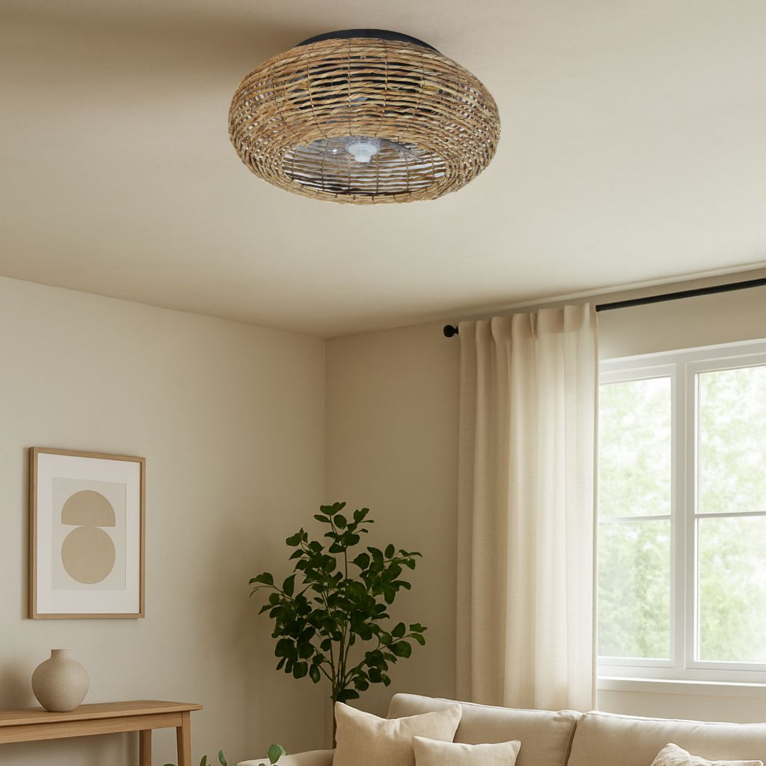 Ventilador de Techo con Luz tipo Plafón de Ratán – Motor DC y Mando a Distancia
