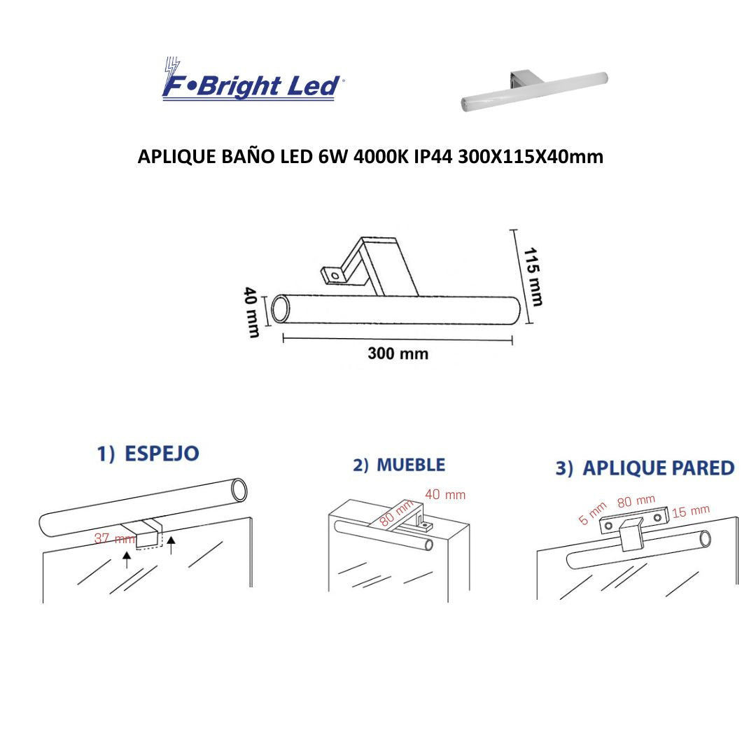 Aplique LED de Baño 6W 4000K IP44 para Espejo – 30 cm