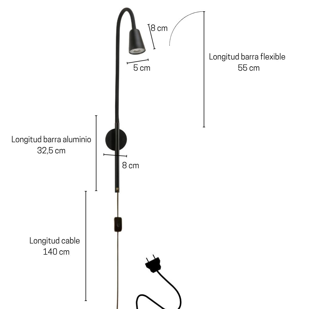 Aplique de pared KUETO orientable con brazo flexible y cable textil negro