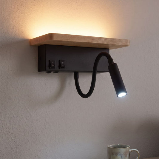 Aplique LED de madeira 3W 3000K com carregador USB e luz Flexo