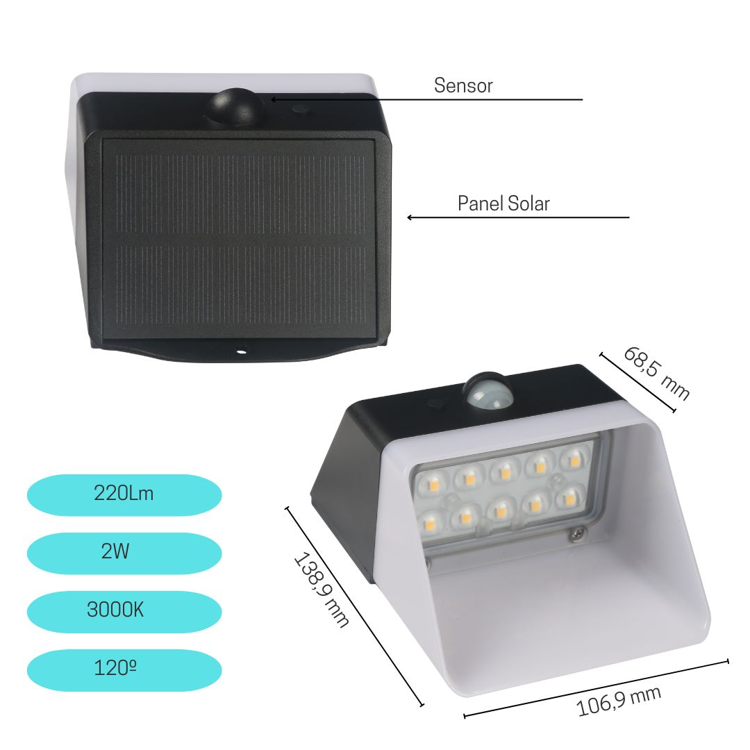 Aplique LED Solar 2W 3000K con Sensor Crepuscular y de Presencia IP65