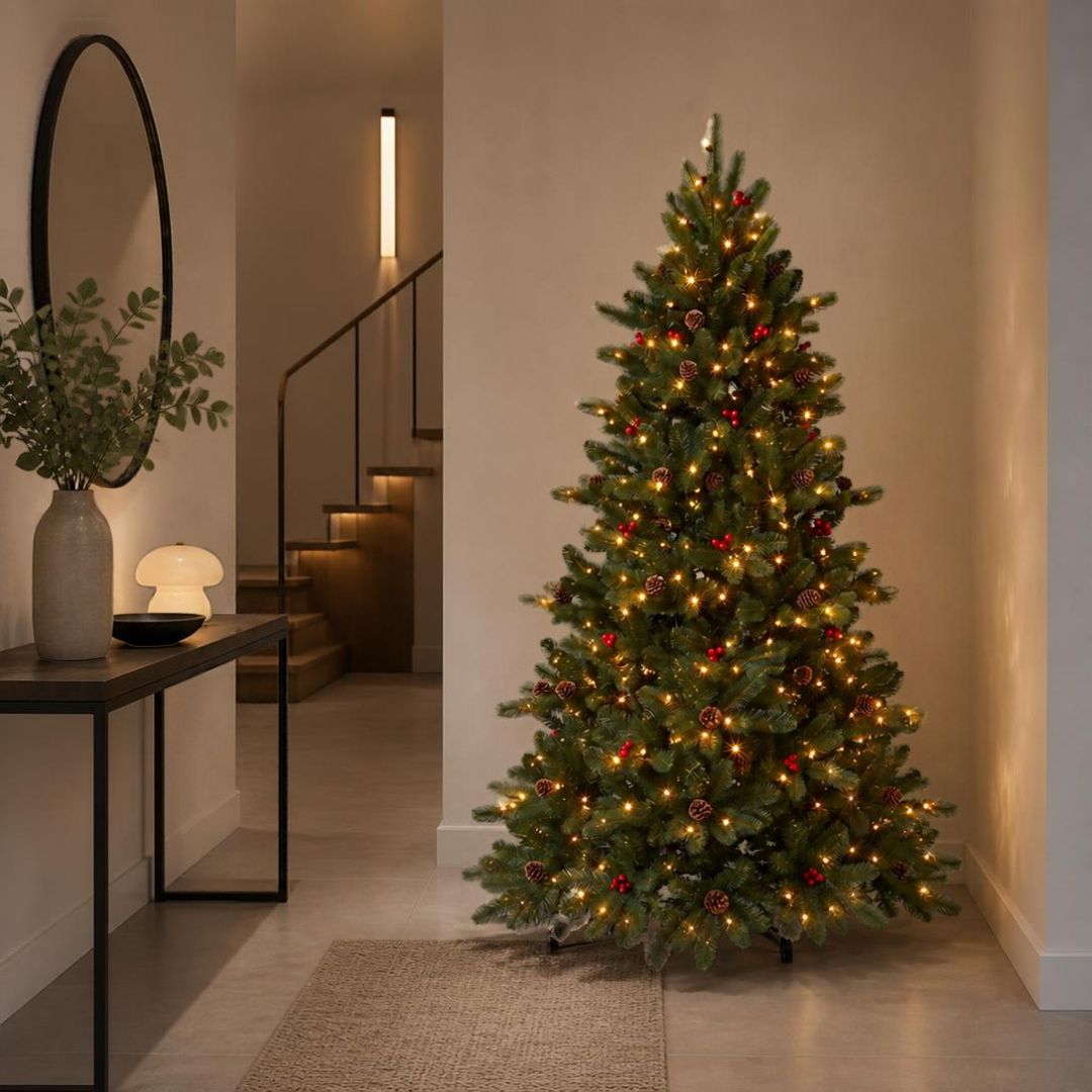 Árvore de Natal Led com Pinhas e Bolas Vermelhas 150cm