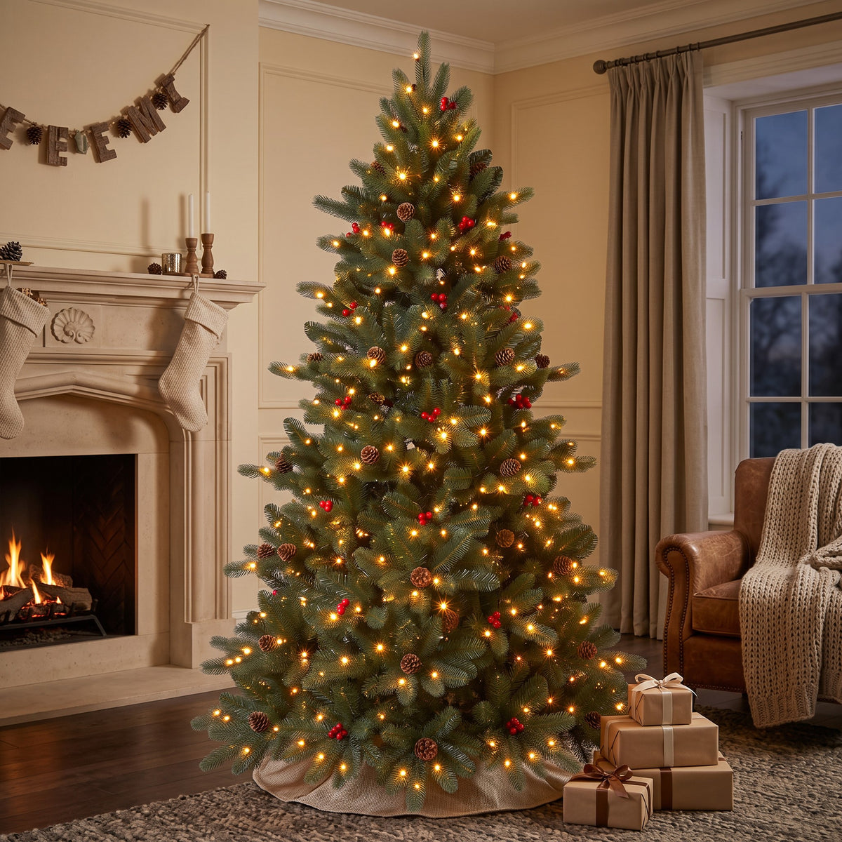 Sapin de Noël Led avec Pommes de Pin et Boules Rouges 150cm